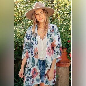 Floral Print Puff Sleeve Kimono Cardigan | Sz M